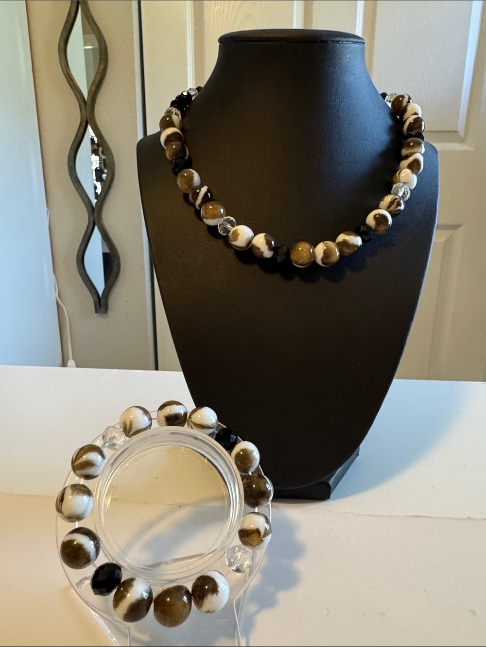 Olive Green and White Beaded Necklace and Bracelet Set